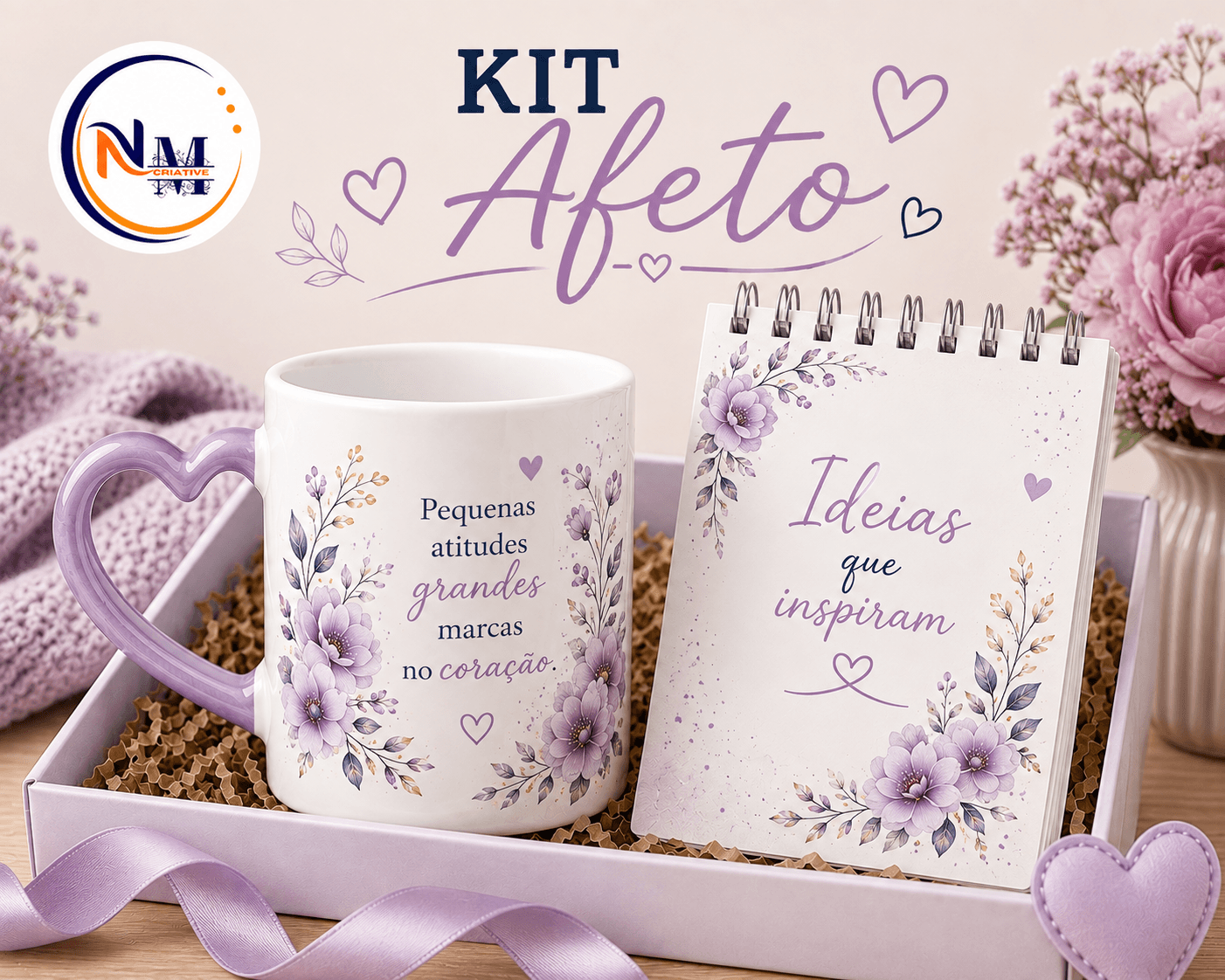 Kit Afeto (Caneca Alça Coração 325ml + bloco de notas Tam A6)