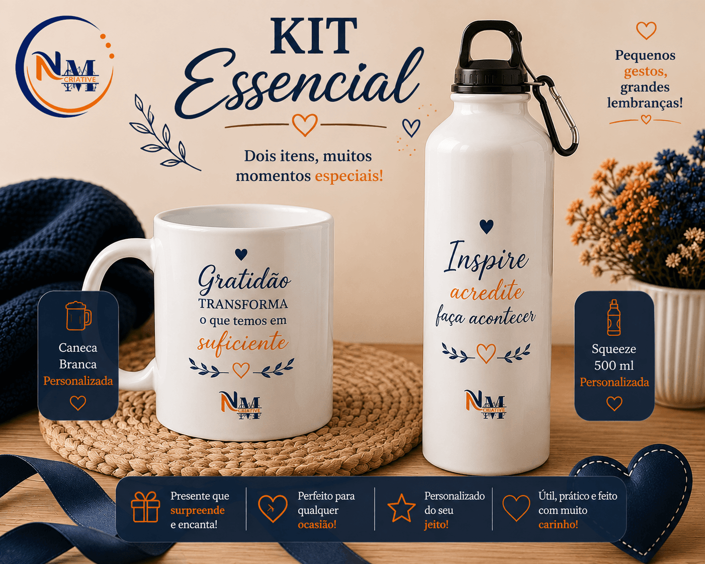 Kit Essencial (Caneca branca 325ml + Squeeze 500ml)