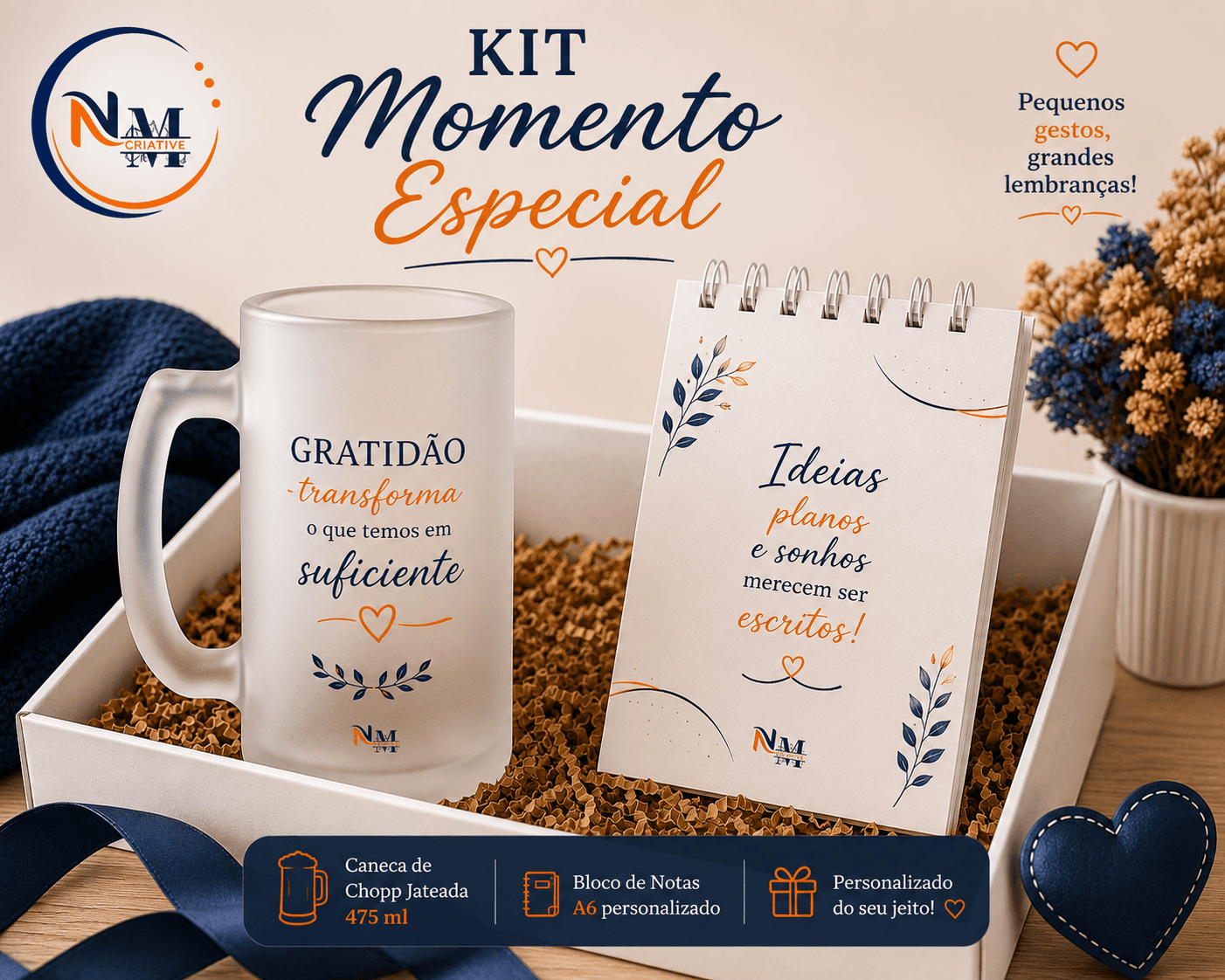 Kit Momento Especial (Caneca Jateada 475ml + Bloco de Notas A6)